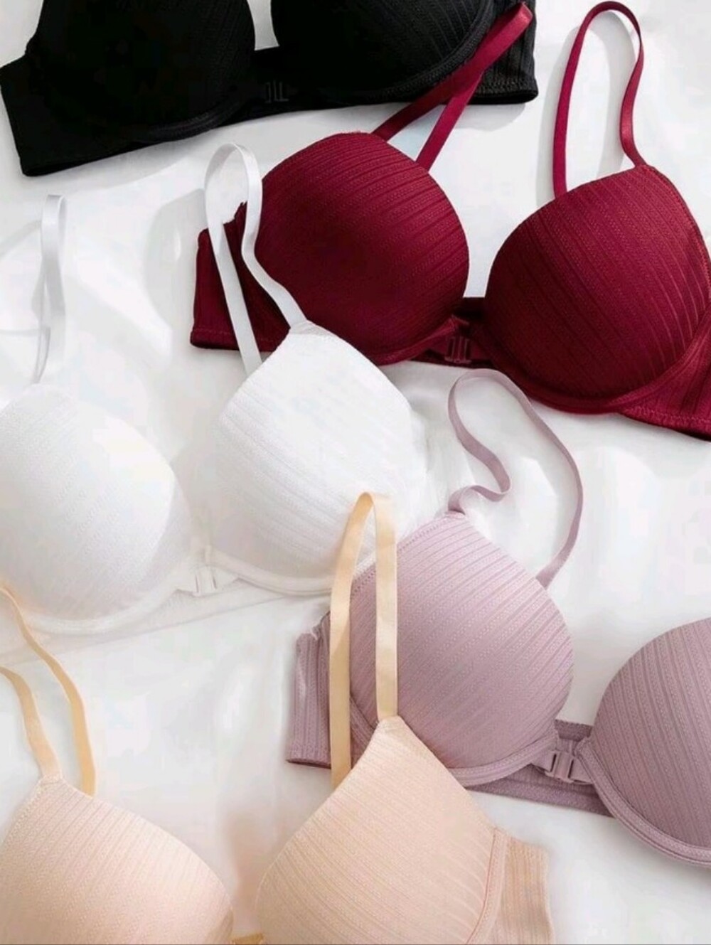 Ribbed Front Closure Push-up Bra- Black, Wine, White, Blush, Nude